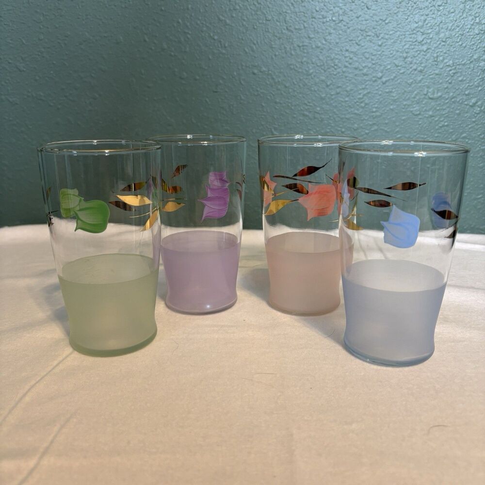 (4) MCM Vintage Bartlett Collins Cocktail Tumbler Glasses Pastel Flowers Gold